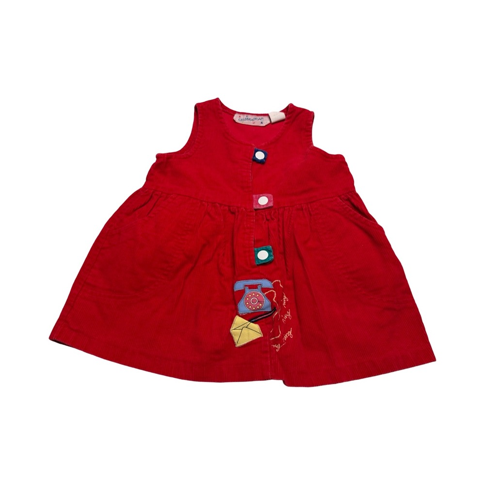 Vintage Celebration Red Corduroy Jumper Dress Toddler 3T‎ Telephone Applique 90s